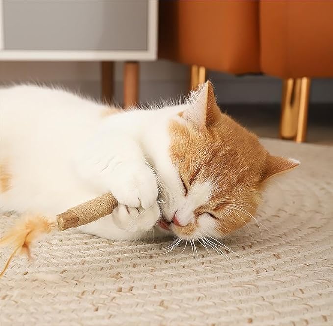 Cat Chew Toy Feather Sivervine Sticks with Bell, Cat Chew Natural Sticks Teeth Cleaning, Matatabi Cat Treat, Gall Ball Cat Toy (3 Pack)