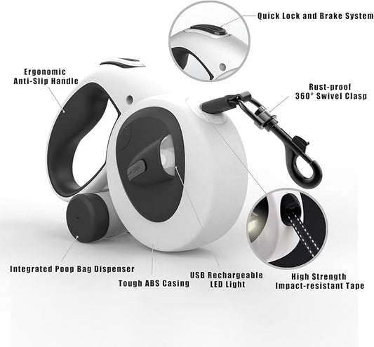 HCY&WLD Upgrade 4-in-1 Retractable Dog Leash with LED Light & Dispenser & Poop Bags, 16 ft Heavy Duty Dog Leash with Anti-Slip Handle for Dogs up to 66 lbs, 360° Tangle-Free, One Button Brake & Lock