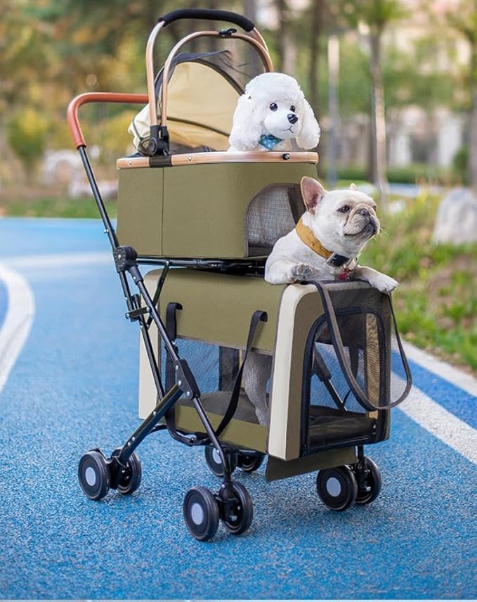 YYW Double Pet Stroller for Small Dogs & Cats - 4 in 1 Foldable Dog Stroller with 2 Detachable Carriers, Lockable Wheels & Safety Belts, Ideal for Multi-Pet Homes Walks & Travel(Green)