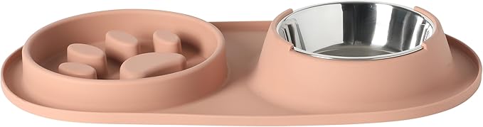 Gibson Home Curious Canines Slow Feeder Dog Bowl Set, 16” Bone Shaped Double Bowl, Silicone Base with Stainless Steel Insert, Anti-Gulp Feeding, Dishwasher Safe, Blush