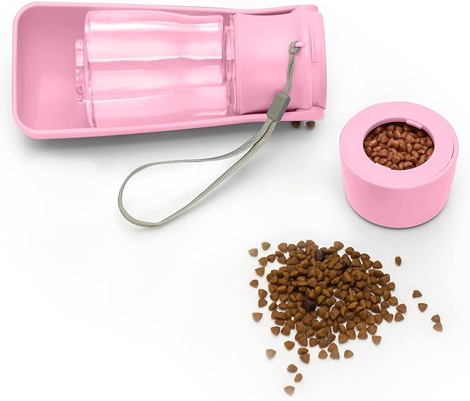 Dog Water Bottle with Food Container, Foldable Puppy Travel Water Dispenser Cup, Leak Proof Portable Dog Water Bowl Summer Accessories for Pet Outdoor Walking Hiking (Pink)