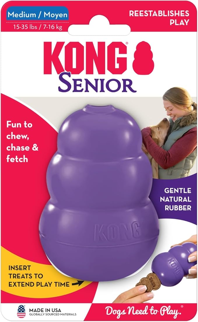 KONG Senior - Dog Toy with Gentle, Natural Rubber - Durable Dog Toy for Older Dogs - Use Treats with Stuffable Chew Toy - Treat Toy for Chewing & Fetching - for Medium Dogs