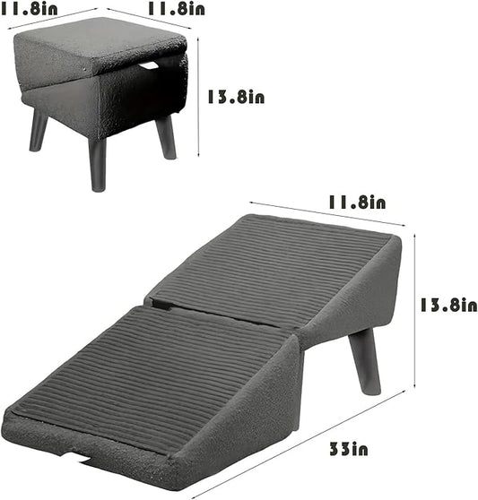 Split Ottoman Dog Ramp, Suitable for Porch Steps, Outdoor, Multifunctional Folding Ramp Stairs, Bed and Sofa Integrated, Large and Small Dog Pet Sofa Steps, 13.8 Inches (Grey)