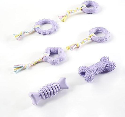 Chew Toys, 6 Pcs Soft Rubber Teething Toys for Small Dogs, Eco-Friendly Interactive Dog Toys, Teeth Cleaning, Cute Purple Design