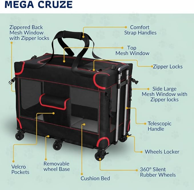 MegaCruze Rolling Pet Carrier for Medium & Large Dogs 25”x17”x20”. Lockable Wheels Zipper Locks Telescopic Handle Breathable Mesh, Removable Wheel Base, Stress-Free Travel Outdoor and Indoor