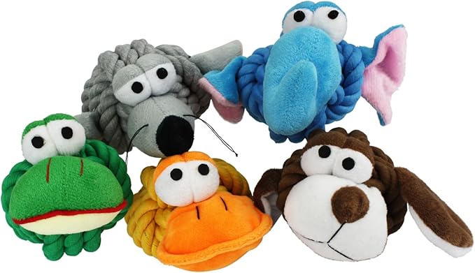 MultipetRope Head Animals Dog Toy, (Assorted Colors), 4 Inches (Duck, Elephant, Dog, Mouse, Frog) Pack of 1