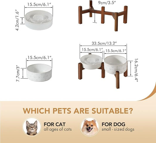 Ceramic 0.9 Cup Raised Slow Feeder Dog Bowl Set, Elevated 6.1inch Water Bowl and 6.1inch Slow Dish with Acacia Wood Stand for Small Dogs (2 x Reactived Glaze -White+ Stand)