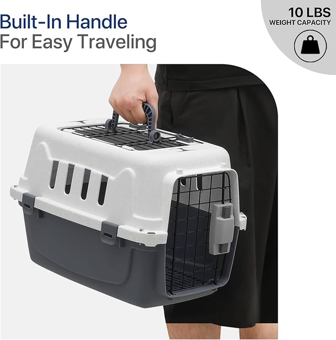 18 Inch Hard-Sided Plastic Dog Carrier 2 Door Travel Crate for Small Dogs Cats up to 10 lbs, Durable Handle, Security Lock Design, Gray