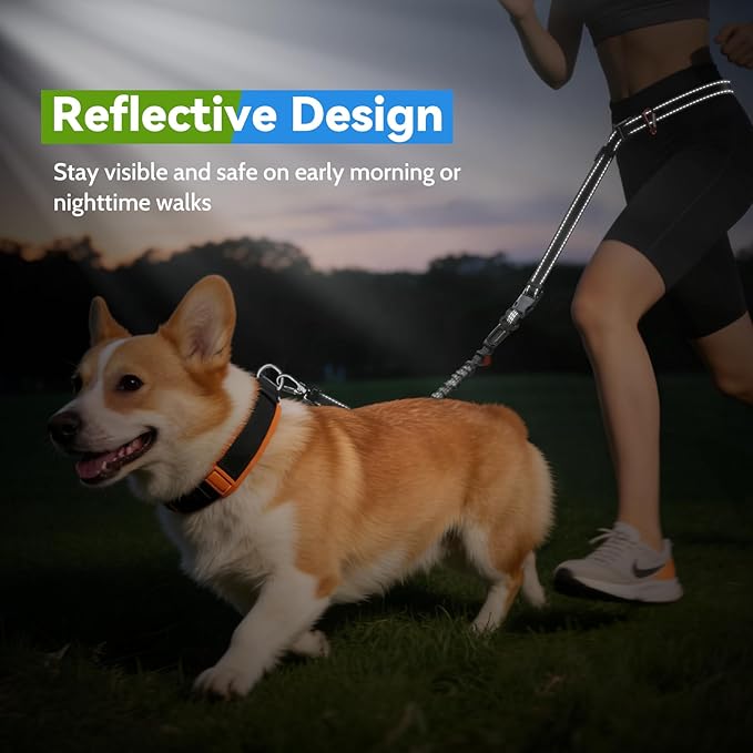 Hands Free Dog Leash 4-in-1, Adjustable 4–6 ft Waist & Crossbody Leash with Seat Belt Clip & Poop Bag Holder, Reflective & Heavy-Duty for Running, Walking, Hiking, Training