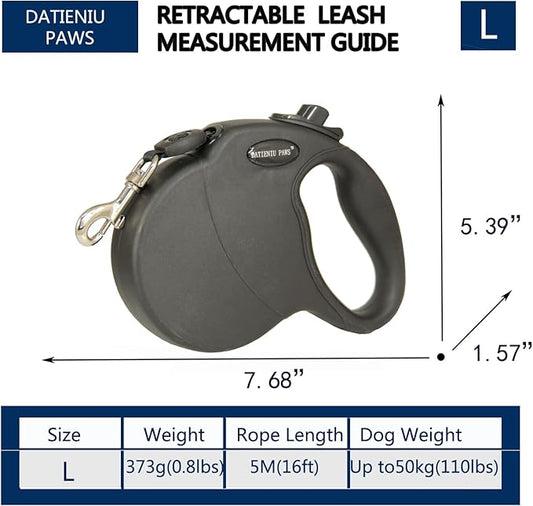 16Ft Chew Proof Retractable Dog Leash Anti-Chewing Wire Ropes Hands-Free Adjustable Safety Lock Durable Nylon Belt for Large Dogs Black L