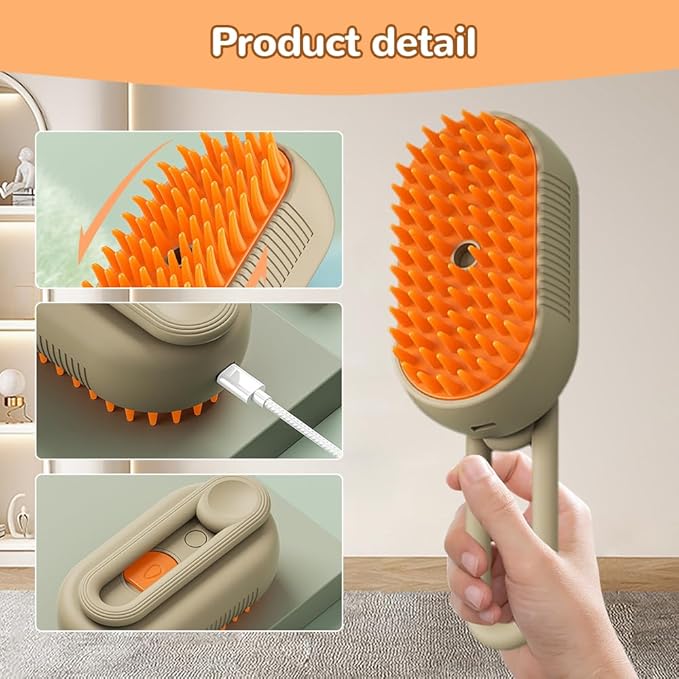 Cat Steam Brush, New 3 in 1 Pet Steam Groomer Brush, Rechargeable Pets Steam Groomer Comb for Massaging and Cleaning Shedding Pet Hair, Multifunctional Hair Removal Comb Cats and Dogs (Khaki)