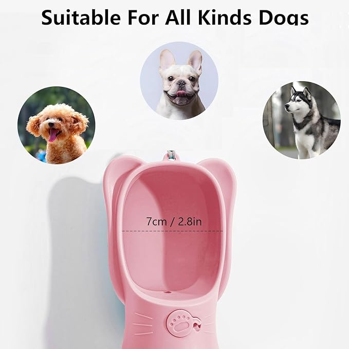 DomKim Portable Dog Water Bottle with Food Container for Small Medium Dogs Walking Jogging, Traveling Puppy Water Dispenser Bowls Non Spill, Pink Beach Accessories Stuff Pink, 18.6 oz (550ml)