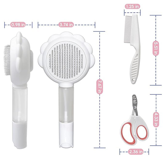 Cat Brushes For Indoor Cats, Cat Shedding Brush With Pet Flea Comb & Pet Nail Clippers, Slicker Brush For Dogs & Rabbit Grooming Kit, Spray Hair Removal Comb With Release Button & Visual Spray, White