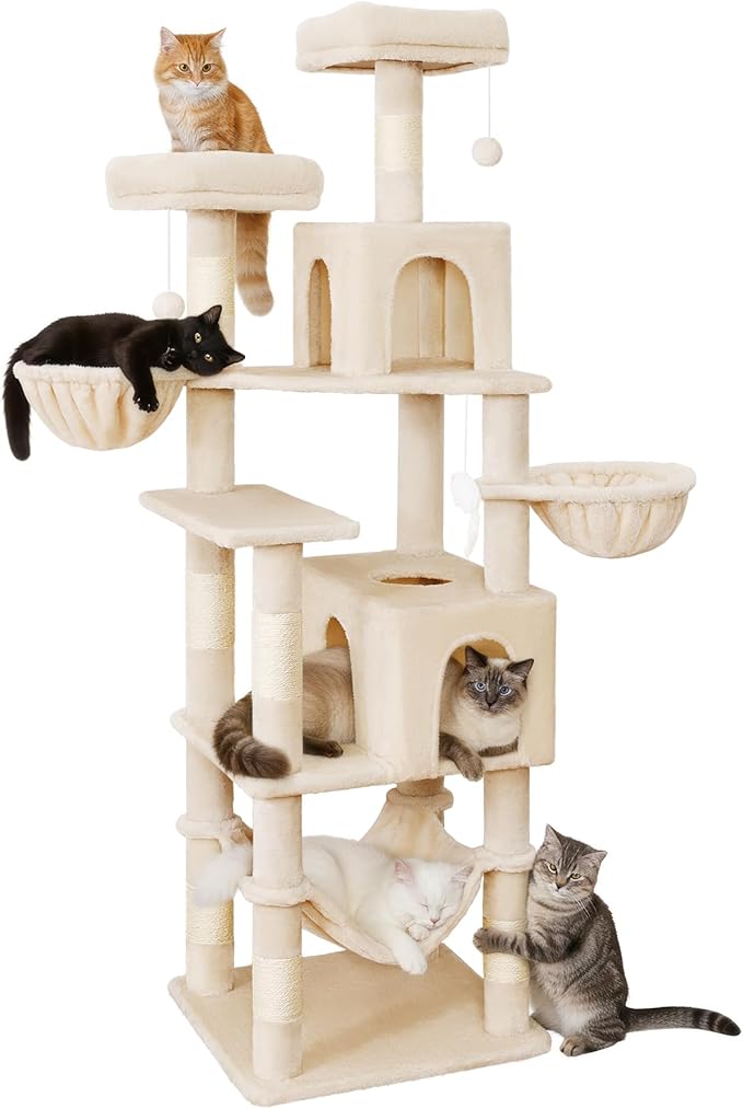 AMHANCIBLE Cat Tree, 70 Inch Cat Tower for Indoor Cats, Multi-Level Cat Tree with Scratching Post, Hammock, Hanging Basket, Large Cat Condos for Adult Cats Kittens, Beige, PT18BG