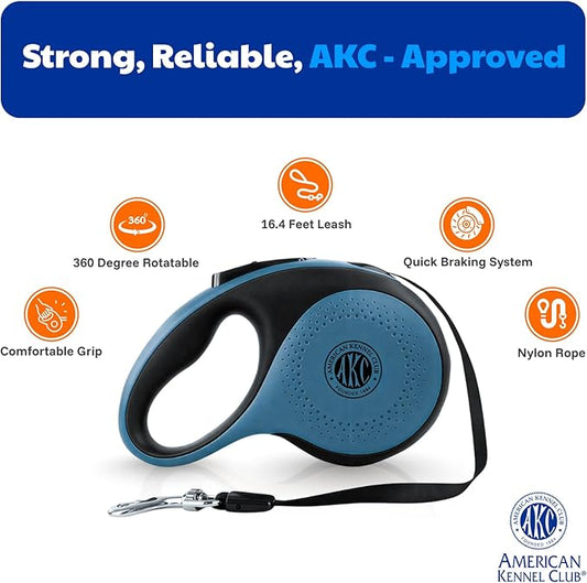 American Kennel Club Heavy Duty Retractable Dog Leash, 16.4ft, Tangle-Free, Ergonomic Grip, One-Hand Brake, for Medium & Large Dogs up to 110 lbs Blue