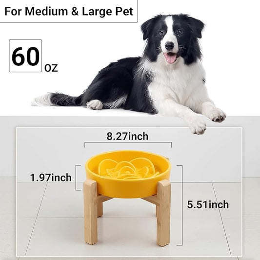 Petygooing 8.66 in Dog Bowl Ceramic Slow Feeder for Medium Large Dogs,Elevated/Raised Slow Feeding Dog Food Water Dish Heavy Weighted,Puzzle Eating Bowl Modern Maze (Yellow, 8.66in)