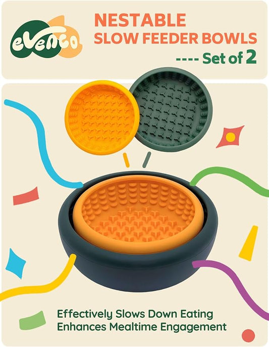 Dog Lick Bowl 2PCS, Silicone Lick mat with Non-Slip Suction Base, Freeze-Friendly Slow Feeder Bowl for Dog Enrichment, Small Orange & Medium Dark Green (5.7" x 1.95" & 6.9" x 2.35")