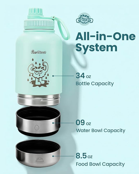 34oz Dog Water Bottle, Stainless Steel Dog Water Bottle Dispenser with Detachable Food & Water Bowls, Keeps Water Hot/Cold, for Walking, Hiking, Camping(Pale Blue)