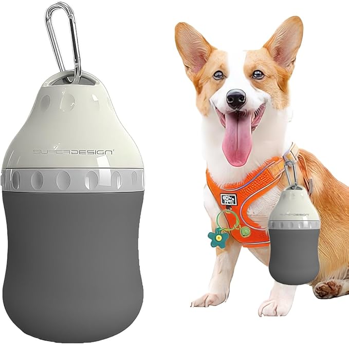 Dog Travel Water Bottle Detachable Bowl Leak Proof Portable ,Silicone Bottle Body,Collapsible and Suitable for Small Pets for Outdoor Walking, Hiking, Travel (Gray, 400ml)