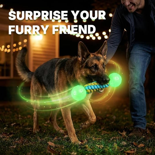 Knot Dog Bone Chew Toy with Squeaky Ball - Glow in The Dark Interactive Dog Chew Toy, Rope Toy for Small, Medium and Large Dogs, Teeth Cleaning and Boredom Relief