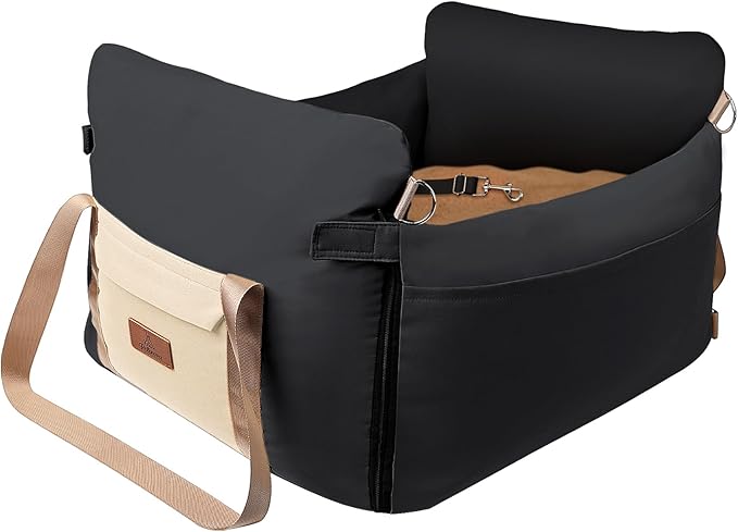 Dog Car Seats for Small Dogs, 2-in-1 Pet Booster Seat with Side-Zip Expandable Bed, Handles and a Storage Pocket, Clip-On Safety Leash and PP Cotton Filling, Vehicle Bed for Puppy up to 25 lbs (Black)