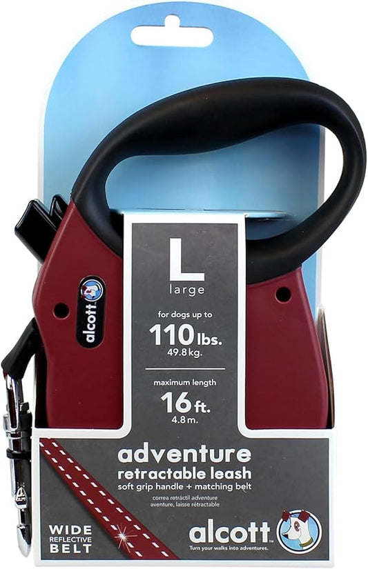 Alcott Adventure Retractable Reflective Belt Leash, 16' Long, Large for Dogs Up to 110 lbs, Red with Black Soft Grip Handle,RLSH AA LG RD