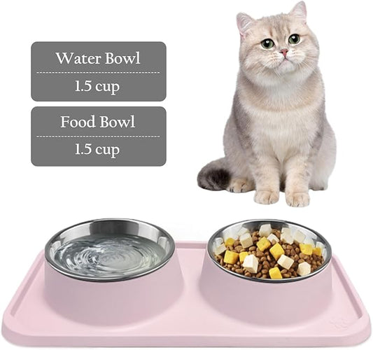 Cat Bowls for Food and Water,Premium Removable Stainless Steel Double Bowls with Non-Slip Bottom & Elevated Stand for Pet and Small Dogs,Upgrade Non-Spill Cat Food Bowls (Light Pink)