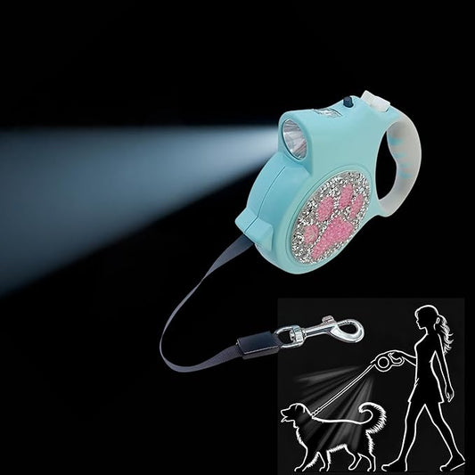 Led Retractable Dog Leash – 16ft Leash with Handcrafted Sparkle Detail Tangle-Free One-Hand Brake Soft Grip Handle for Small & Medium Dogs Up to 77lbs (DL-Lake Blue)