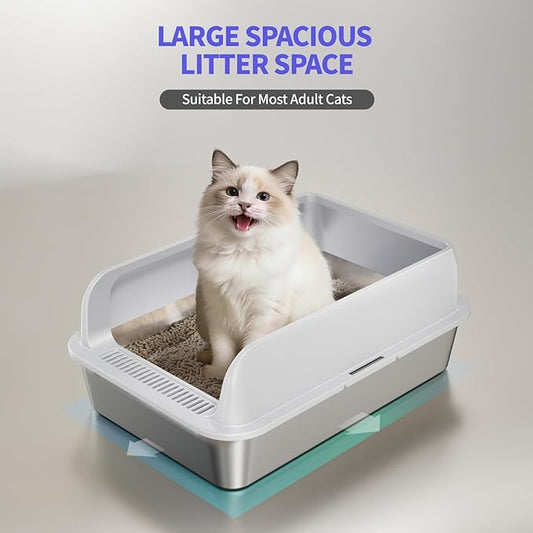 2 Pack Stainless Steel Cat Litter Box with Lid, Large Metal Litter Pan for Adult Cats, Multi-Cats, High Sides with Anti-Leakage Enclosure, Easy Cleaning, Non-Stick, Anti-Scratch,Include Scoop