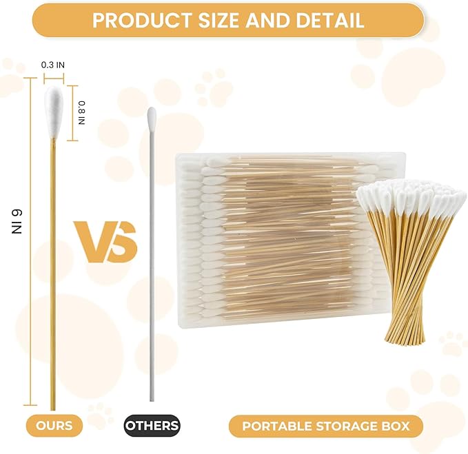 100 PCS Large Cotton Swabs with Storage Box - 6 Inch Dog Ear Swabs with Bamboo Handle for Pet Cleaning - Soft Cotton Head, Gentle and Lint-Free, Specific for Pets, Dog Ear Cleaner Tool