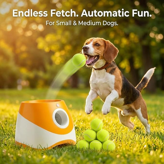 Dog Ball Thrower – Automatic Interactive Pet Tennis Ball Launcher with 6 Balls, USB Charging & Multiple Distance Settings Indoor & Outdoor Training & Play Toy for Small & Medium Dogs (Yellow)