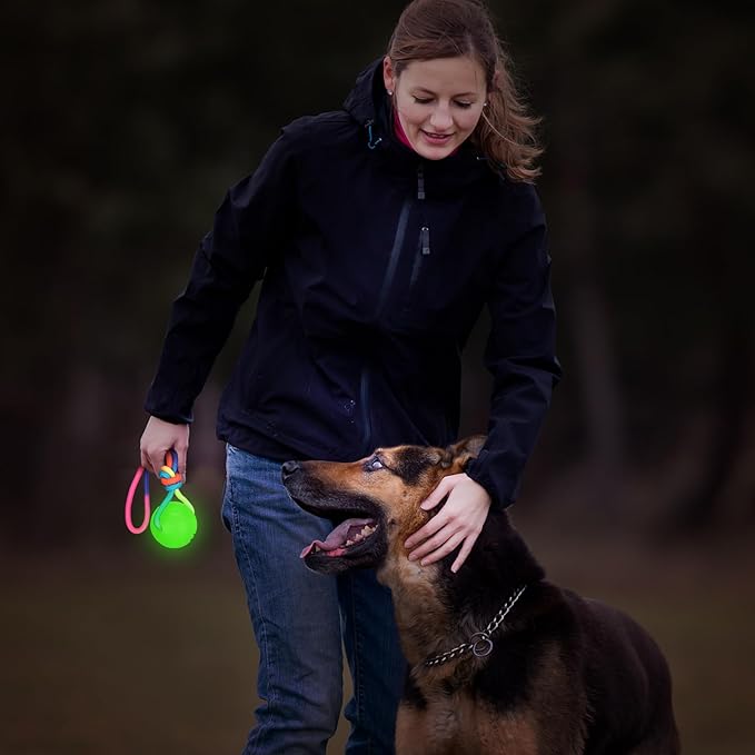 2 Pcs Dog Training Ball on Rope Glow in The Dark Ball 2.36 Inch Toys with 12 Inch Rope for Small Large Medium Dogs Glowing Interactive Pull Reward Fetch Exercise Toy