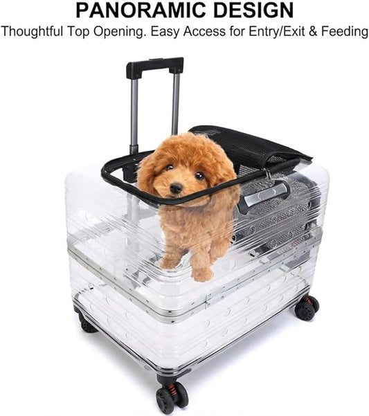 Large Capacity Transparent Pet Carrier with Wheels, Airline Approved Rolling Pet Travel Crate for Dogs & Cats, Portable Hard Shell Pet Luggage (Pink)