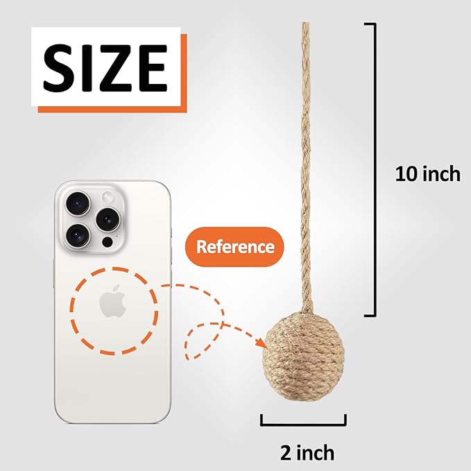 2 Inch Cat Toy Ball with 10 Inch Sisal Rope Wrapping & Quiet Bell - Natural Sisal Material for Endless Feline Fun