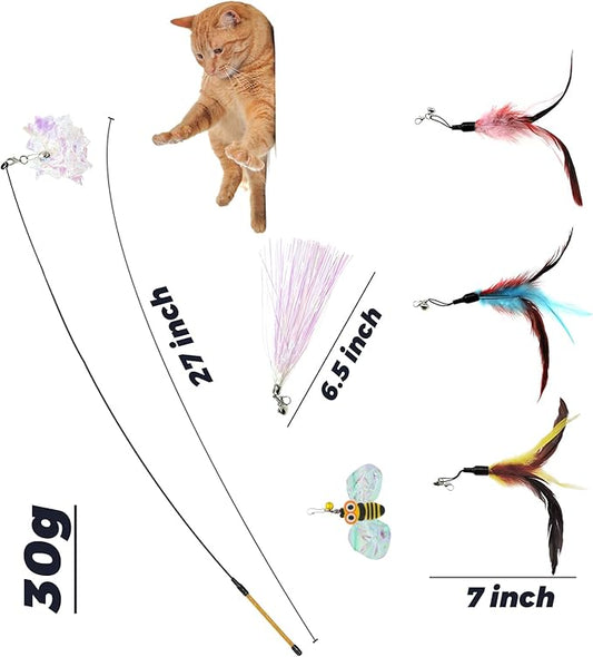 Andiker Cat Wand Toy with 2 PCS 12 Inches Replaceable Colorful Rainbow Tassels and Little Bells Funny and Interesting Cat Toys for Indoor Cats Keeping Fit (6 Replacements, Count, 7)