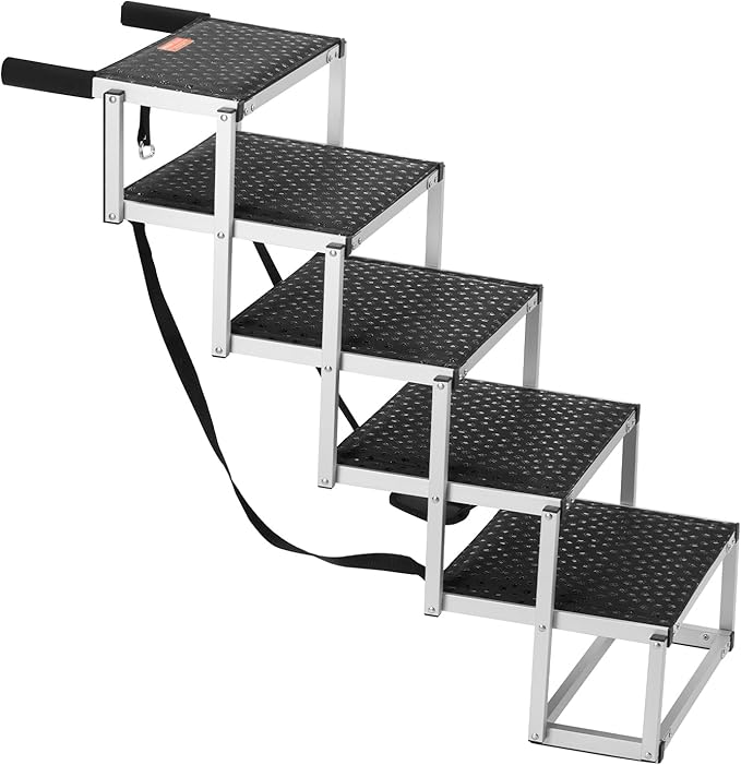 VEVOR Dog Stair for Cars, Wide 5-Step Dog Car Steps, Folding Dog Car Ramp with Nonslip Surface, Portable Pet Steps Lightweight Aluminum for Car, SUV and Truck, Supports up to 150 lbs