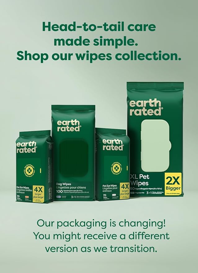 Earth Rated Pet Wipes for Dogs and Cats, Hypoallergenic, 3-in-1 Cleaning, Deodorizing and Hydrating, for Grooming Paws, Body and Butt, New White Tea and Basil Scent, 100 Count