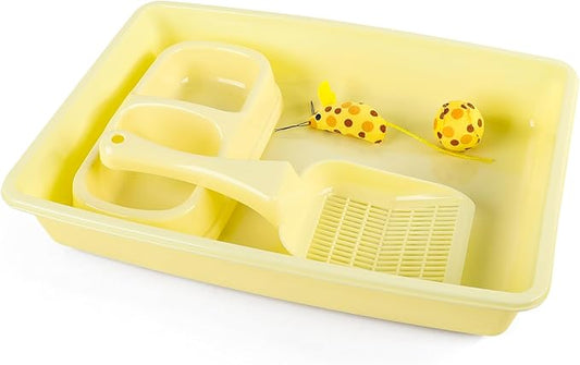 PAWISE Cat Litter Box Set, Small Kitten Starter Kit, Includes Litter Box, Litter Scoop, Double Dish Feeding Bowl, Cat Mouse Toy, Kitty Ball Toy, Yellow