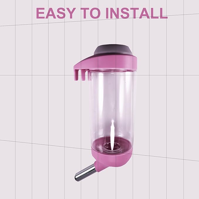 Dog Crate Water Bottle - 17 oz No Drip Kennel Pet Water Dispenser, Easy-to-Use Cage Water Bottle for Dogs, Cats, Small Animals, 500ML, Pink