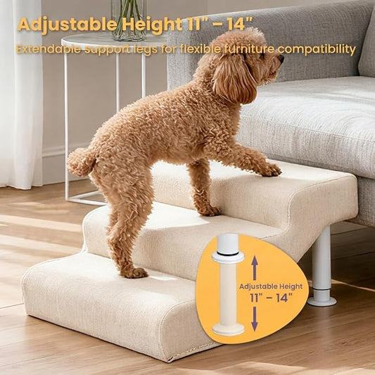Leather Dog Stairs, 19.7" Extra Wide Dog Steps for Bed & Sofa, Adjustable Height 11"-14" Pet Ramp for Small to Large Dogs, Holds Up to 150 lbs(3-Step)