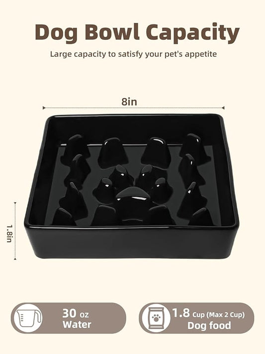 GDCZ Dog Slow Feeder Bowls, Square Ceramic Pet Food Bowl for Medium Breed, Fun Dog Bowls to Slow Down Eating (Black, M-1.8 Cups)