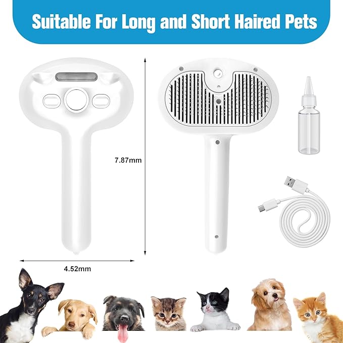 Steam Brush for Cats,4 in 1 Cat Steam Brush Self-Cleaning Slicker Brushes for Dogs,Pet Spary Hair Removal Comb for Grooming Massage,Recharegable Cat Dog Brush Used for Long&Short Haired Dogs White