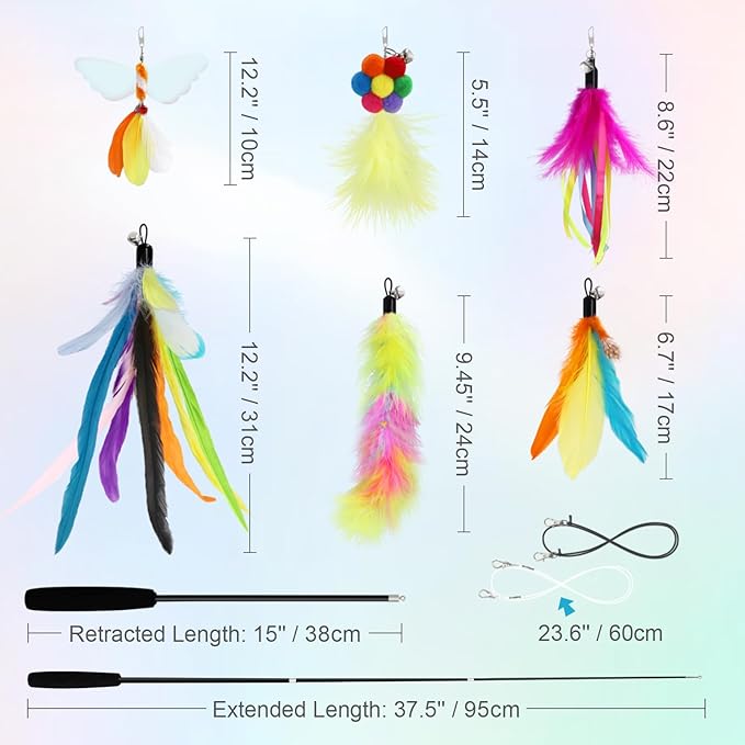 SONGWAY Cat Wand Toys for Indoor Cats - Cat Toy Set with Retractable Teaser Wand and 6 PCS Colorful Large Feather Toy Refills, Butterfly Tassel Plush Cute Cat Toys Interactive