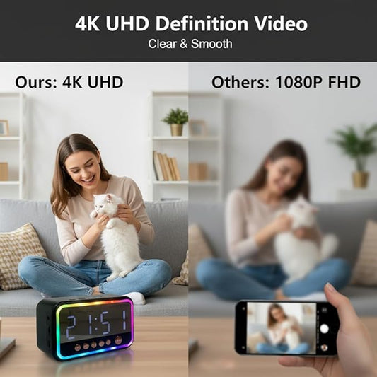 ULar 4K Camera Wireless Clock USB-Powered Picture Taking Cam–Motion Detection Pet Monitors for Home Indoor Security Cameras Support App Remote Colorful Alarm Clock - No Audio