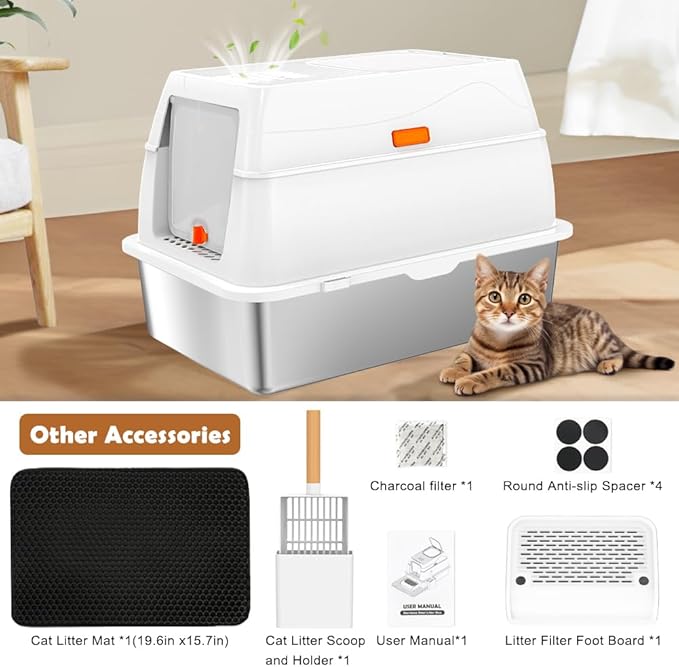 Vivifying Stainless Steel Litter Box with Lid, XL Front Entry Enclosed Extra Large Litter Box for Big Cats & Kitty, Top Exit Metal Cat Pan with Scoop, Mat, Footboard, Charcoal Filter (White)