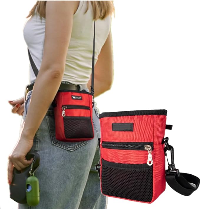 Dog Treat Pouch Pet Trainning Waist Bag Portable Food Snack Small Item Storage Holder Bag Hook Design Pet Training Reward Pouch Bait Sack Mini Puppy Snack Carrier Container Pockets (RED (STYLE A))