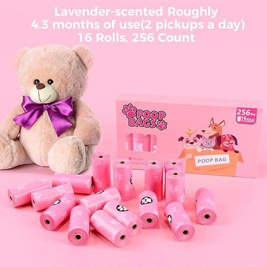 Poop Bags Rolls 256 Count - 9x13 Inches Pink Thickened Leakproof Lavender scent Poo Bags for Dogs, Eco-Friendly Pet Waste Bags for Walking, Home, Travel
