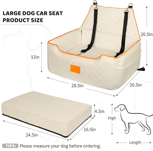XIEEAOZEE Dog Car Seat for Large/Medium Dog, Booster Seat Under 55Lbs or 2 Small Dogs, Detachable and Washable Travel Pet Seat with Thick Cushion and Storage Pockets (Beige)