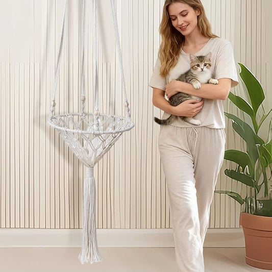 Cat Hammock Bed, 12x43Inch Handwoven Hanging Boho Cat Bed with Hanging Kit for Indoor Outdoor Home Decor Ceiling Swing for Playing Sleeping Climbing and Lounging, Wall Furniture (Triangle)