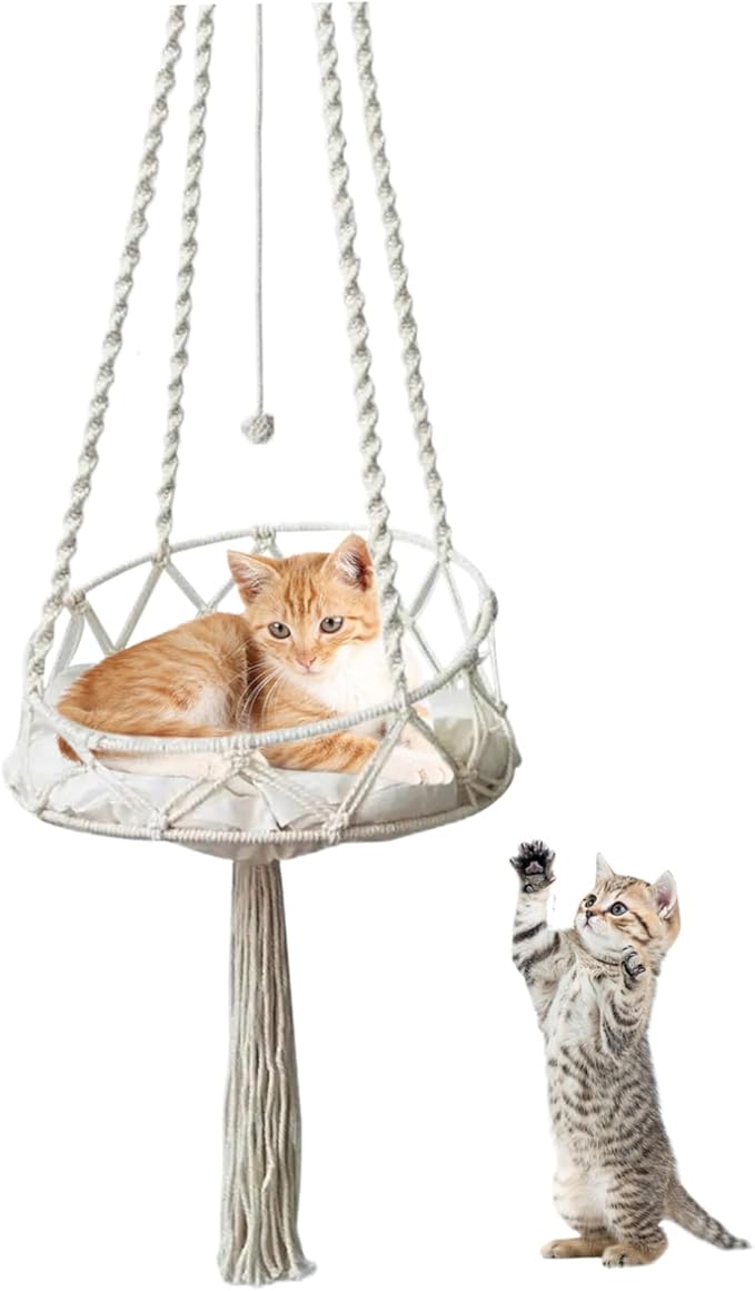 Macrame Cat Hammock with Tassel & Roped Ball, Boho Tilted Swing Bed for Indoor Cats/16x51 Inch